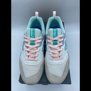Gently worn women’s New Balance CW997HBA in white/pink/mint green pastel colors